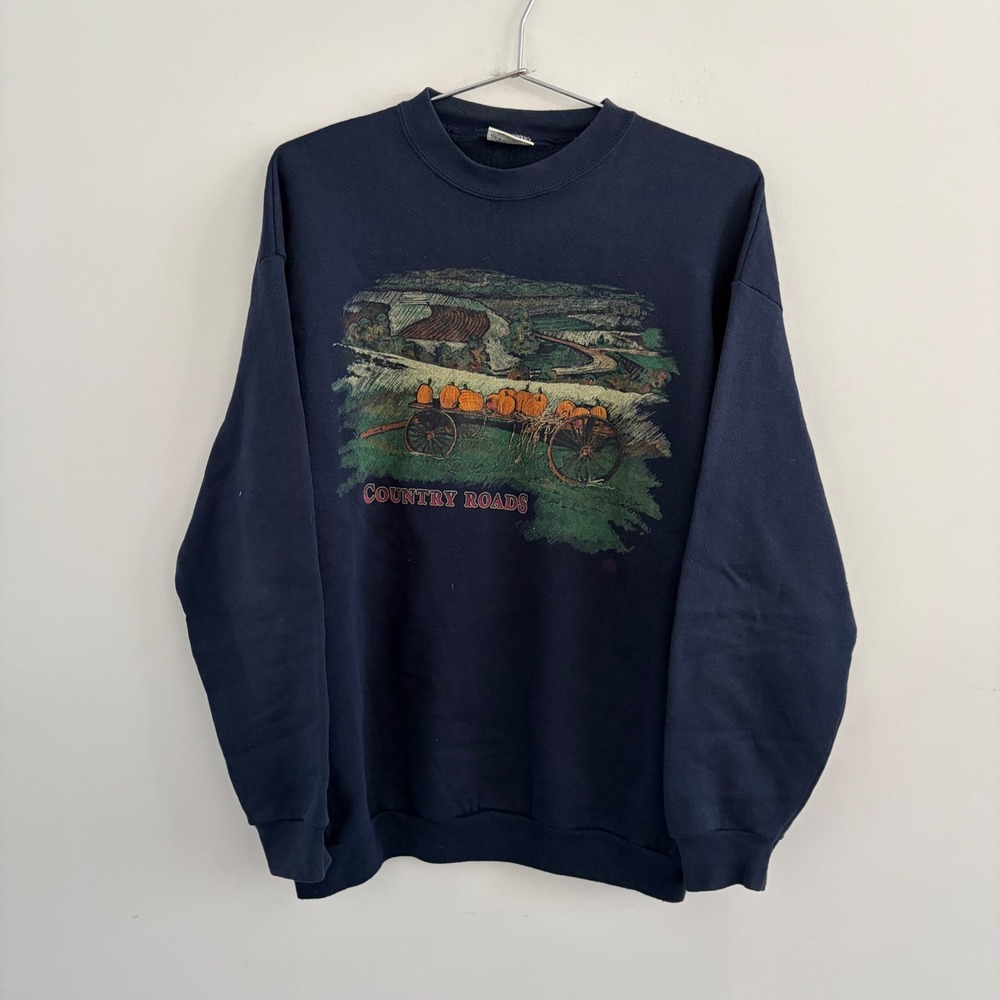 Vintage Tultex Country Roads Pumpkin Wagon Sweatshirt Navy Blue Large